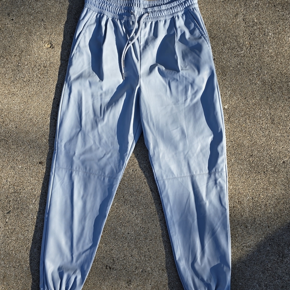 Zara Sky Blue Faux Leather Jogger Pants Elastic Waist Size Xs